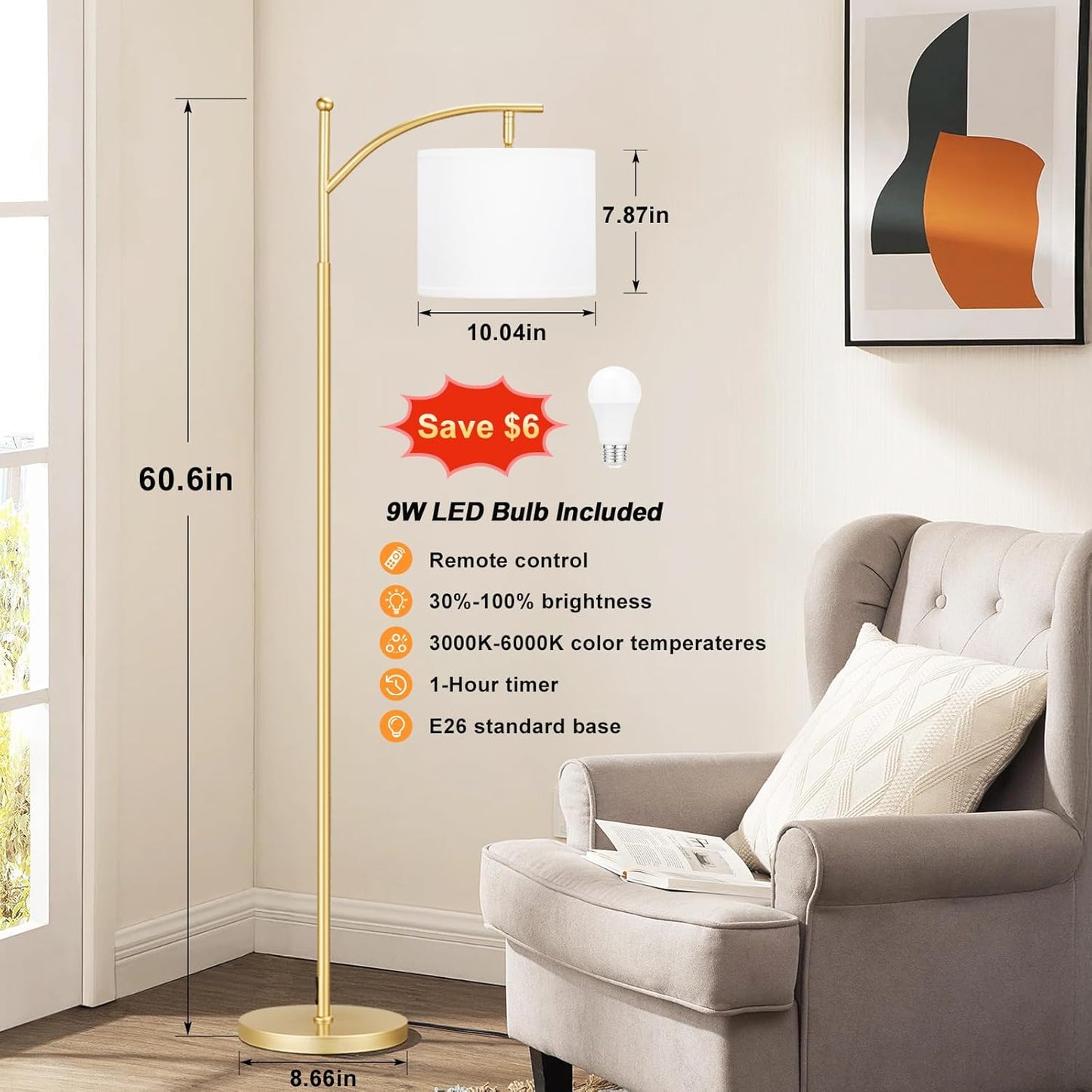 Modern 60" Floor Lamp with Remote Control & Dimmable LED Bulb - Beige Shade, Adjustable Brightness for Living Room