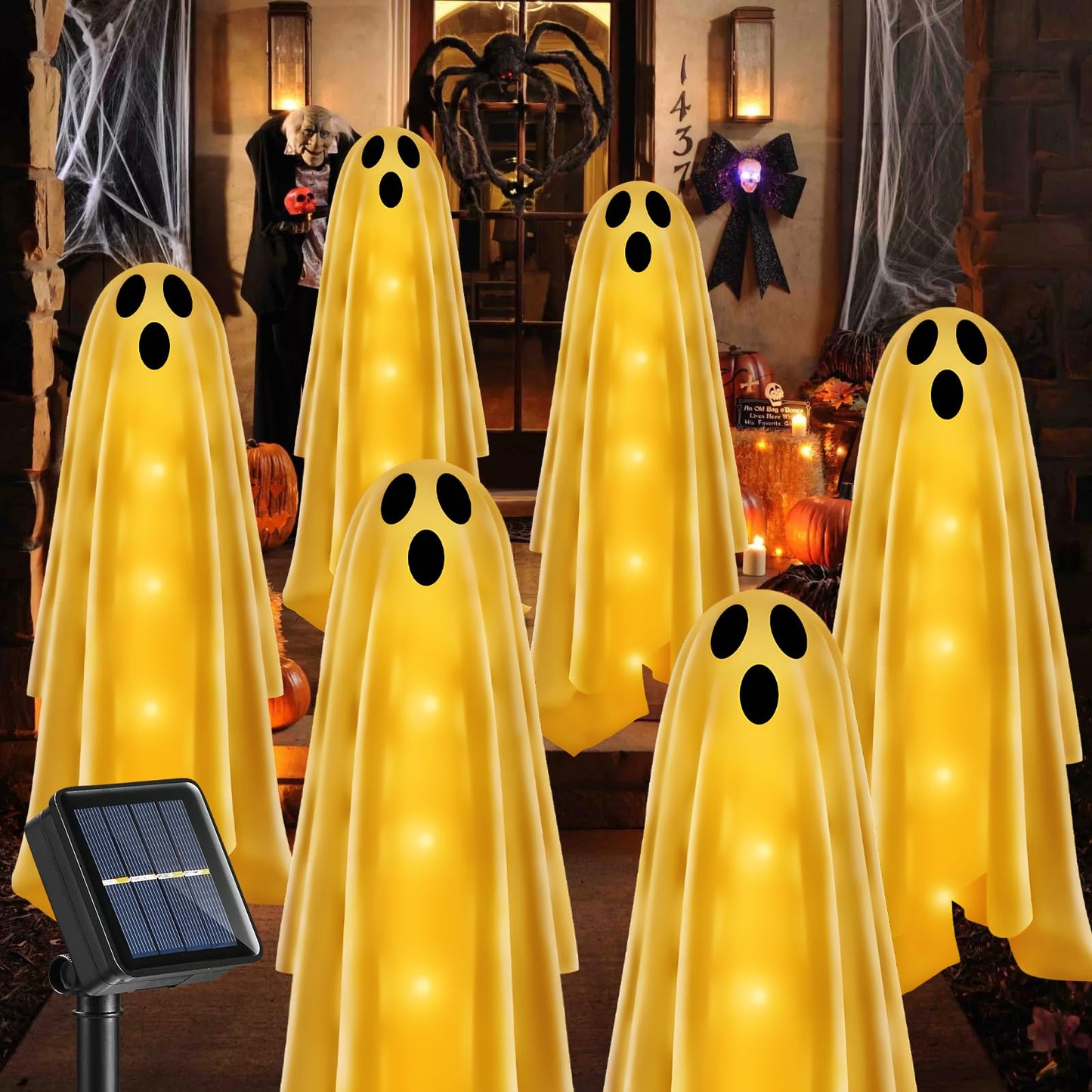 Betrihyes 6PACKS Halloween Decorations Outdoor Solar Ghost Lights,Scary Ghost Decor with Spooky Party Gifts,Solar Halloween Path Lights for Front Porch/Yard/Garden/Home/Ghost Party Decor Warm White
