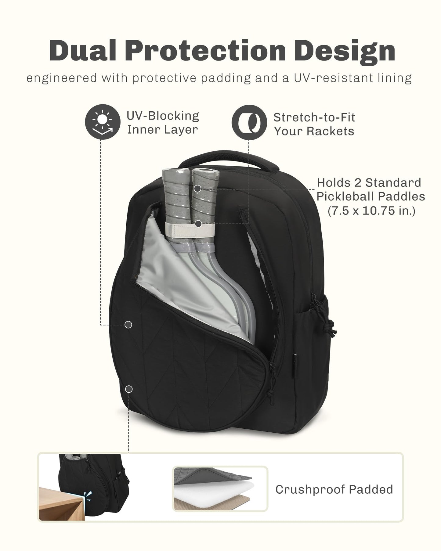 Hynes Eagle Pickleball Backpack Quilted Fits 2 Rackets with Wet Pocket Tennis Gym Backpack for Women Sport Daypack 22L Black