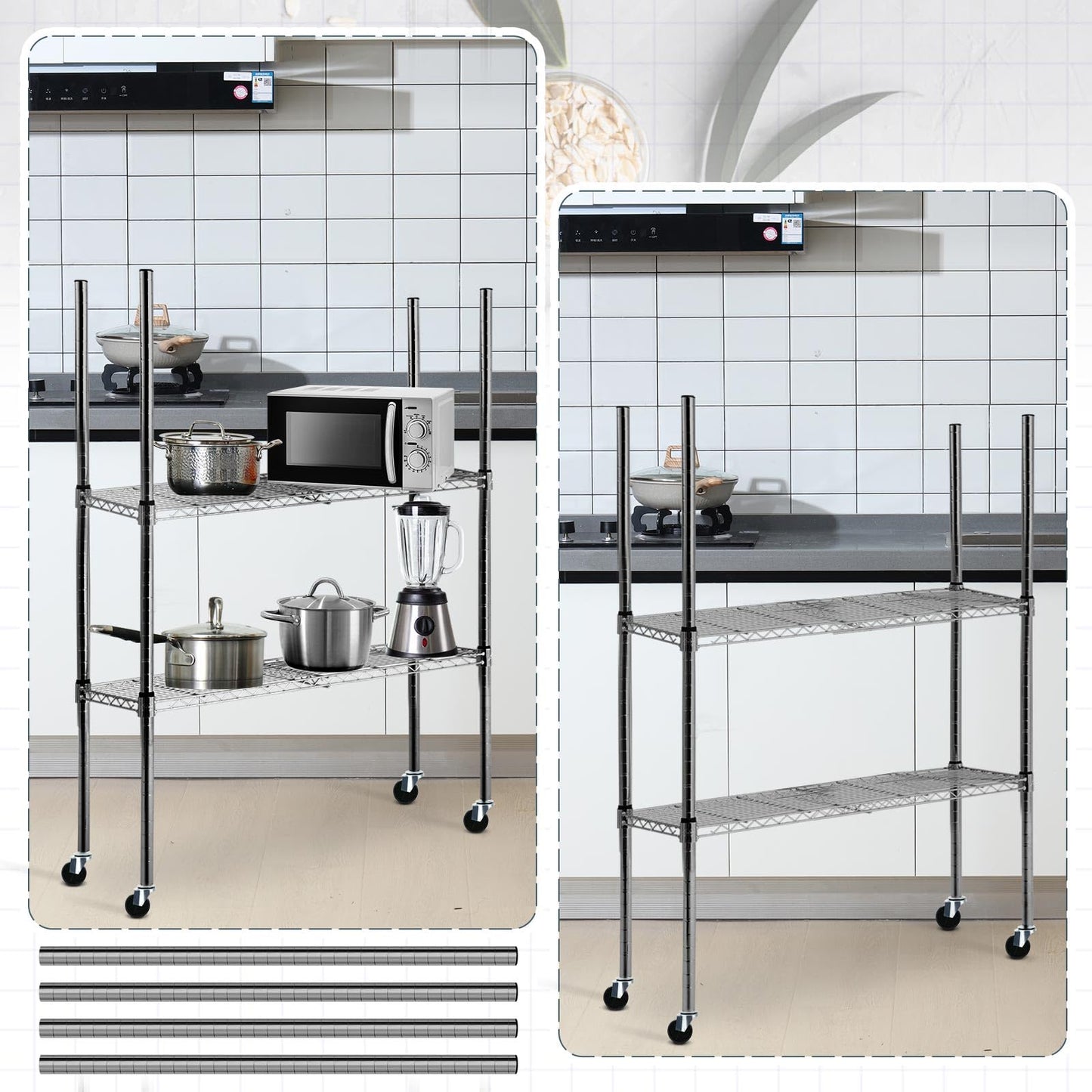 Yaocom Set of 4 Wire Shelving Poles with 50 Pcs Plastic Shelf Clips Chrome Posts with Caster Wheels Parts for 1 Post Rack Accessories Replacement(Black,74 Inch)