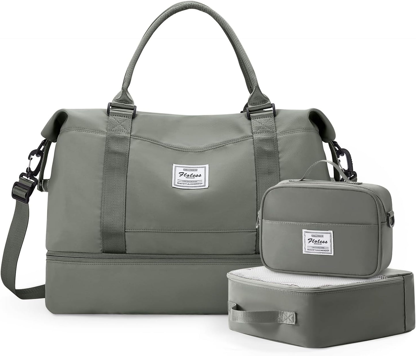 Skiennix Travel Duffle Bag - Stylish Weekender Bag with Shoe Compartment | Olive Green, 3-Piece Set
