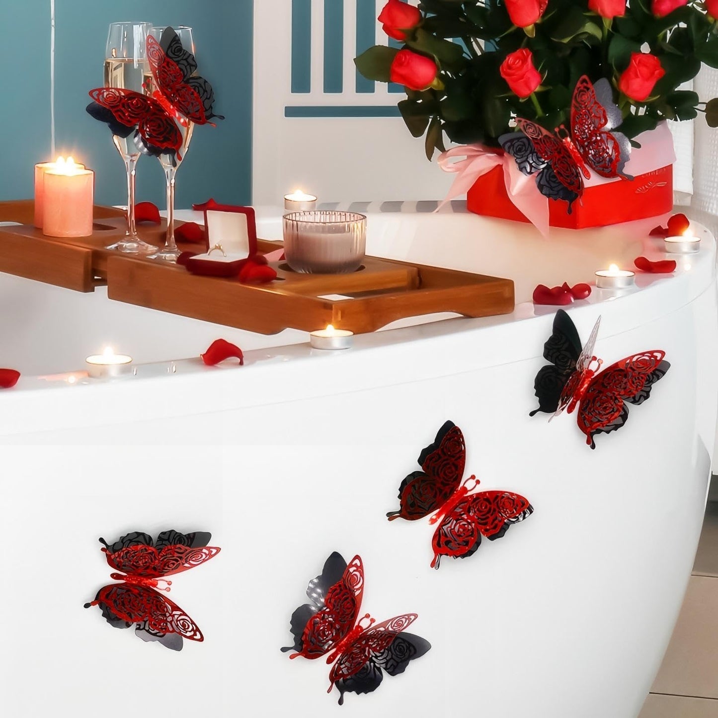 Rchovsam 3D Butterfly Wall Decor Summer Party Rose Butterfly Sticker Decoration 3.85x4.6 inche Red Black Double Deck Removable Sticker for Birthday Holiday Party Decoration-6pcs