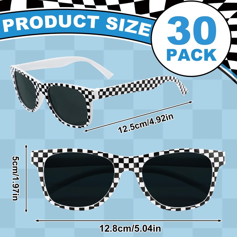 30 Pack Race Car Sunglasses for Kids Party Favors, Checkered Sunglasses Bulk for Racing Theme Birthday Gifts & Supplies