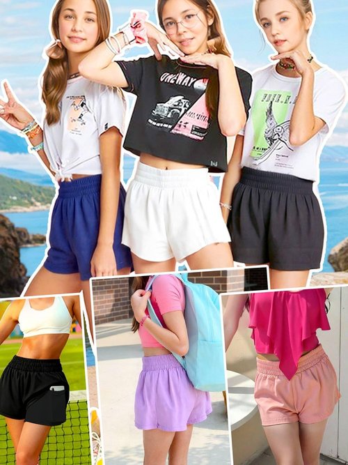 WIFFGO Girls Athletic Shorts Elastic High Waist 2 in 1 Shorts with Side Pockets Running Workout Sports for Teen Kids Black