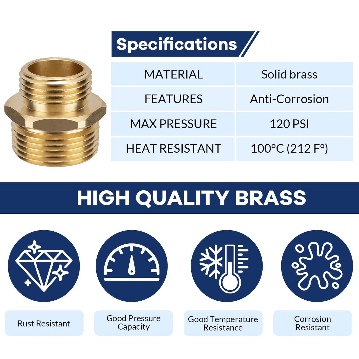 3/4" GHT Male x 1" NPT Male Hose Connector, Brass Garden Hose Adapter, Hex Nipple Reducer, Industrial Metal Brass Garden Hose to Pipe Fittings Connect (2-Pack)