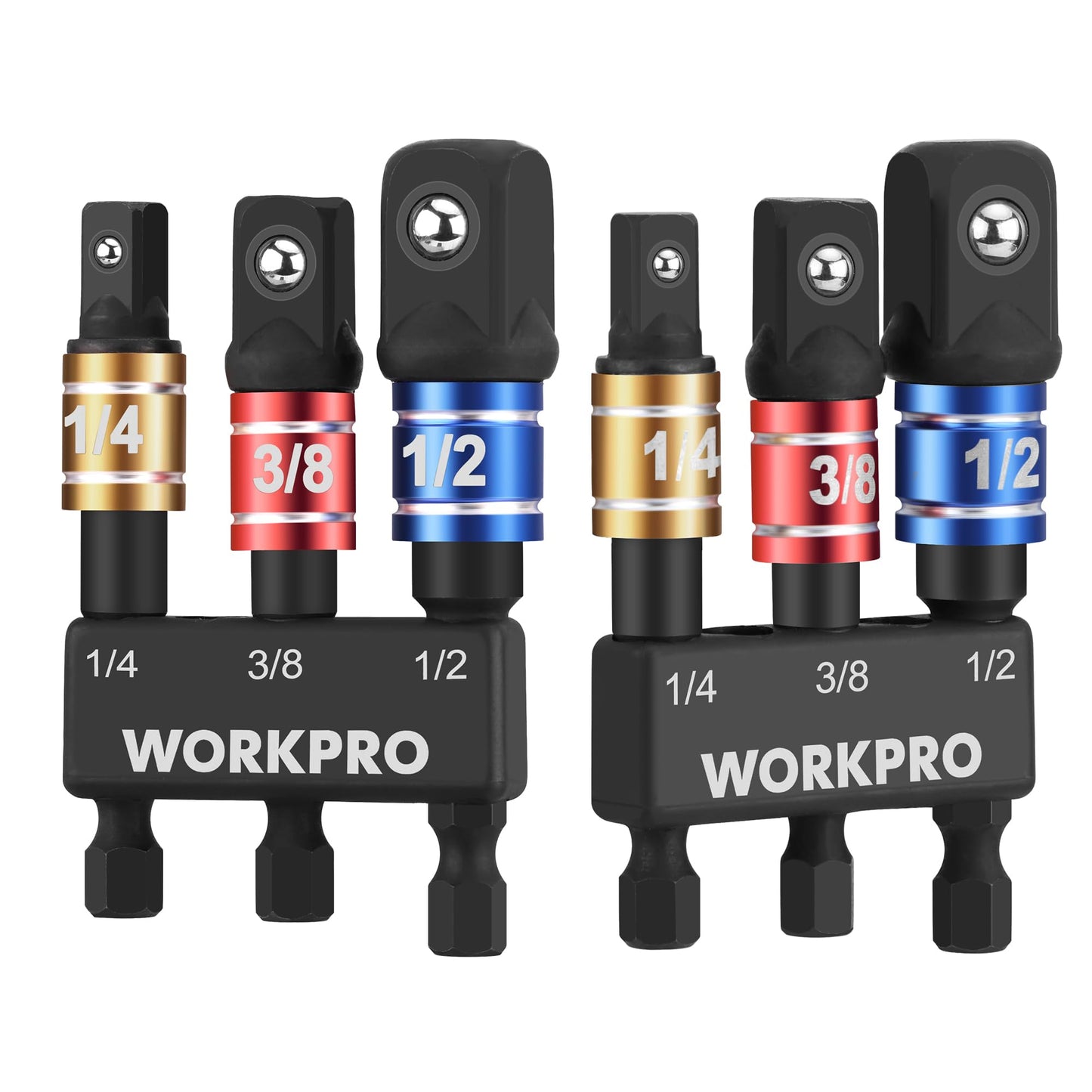 WORKPRO Impact Grade Socket Adapter Set, 1/4", 3/8", & 1/2" Drive, Extension Driver Bit With Holder, for Power Drill to High Torque Impact Wrench, 6PCS