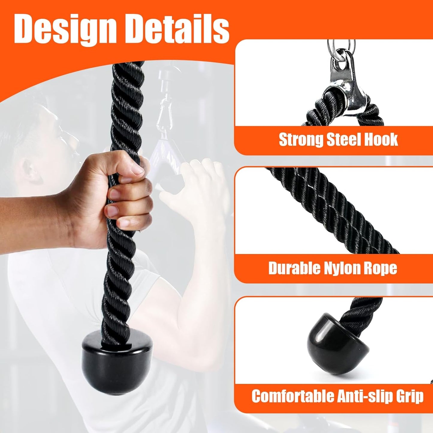Skiennix Tricep Pull Down Rope - 55 Inch Exercise Cable with Latch for Gym Workouts