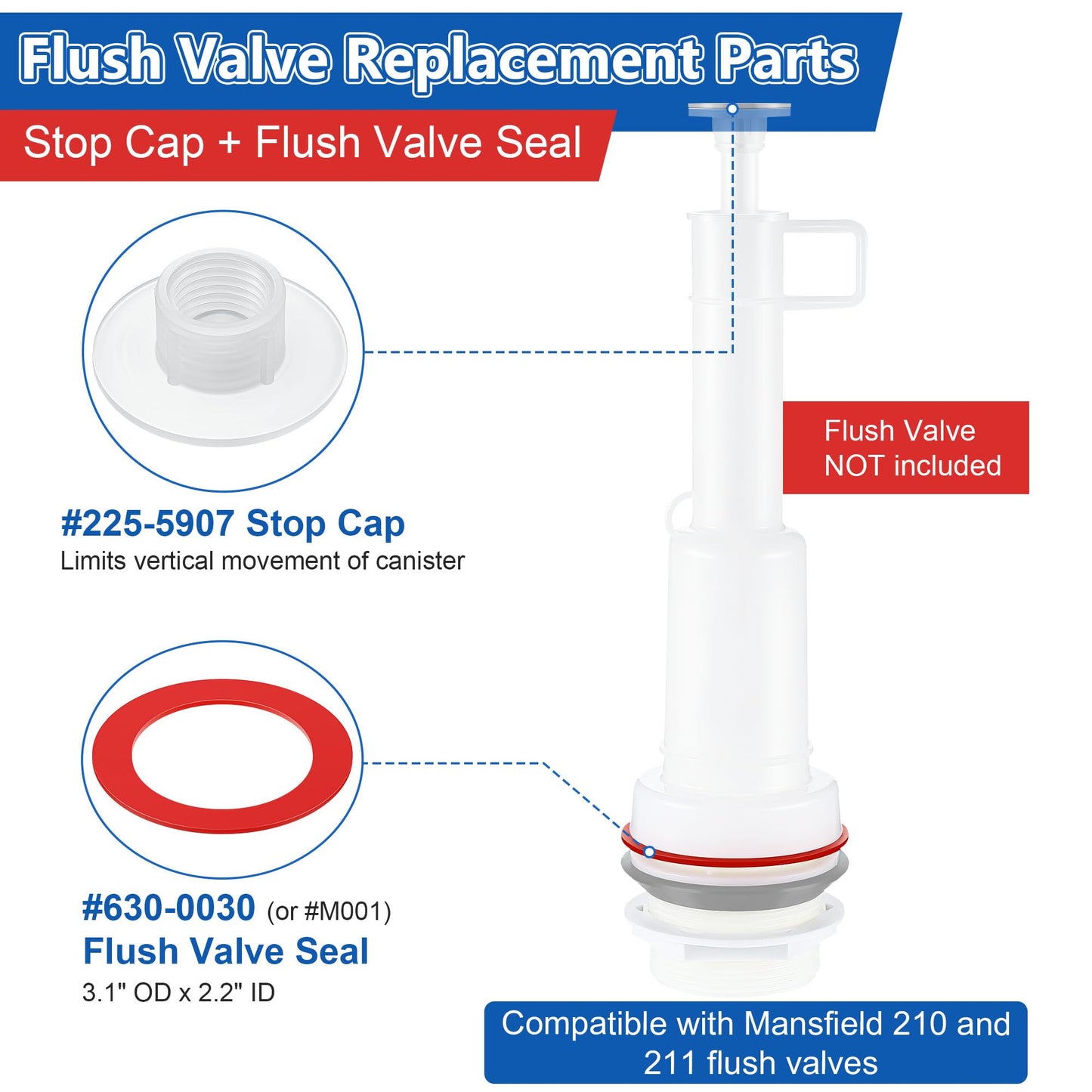 Dreyoo Flush Valve Replacement Parts, 3 Pcs Stop Cap Replacement and 3 Pcs Flush Valve Seal Replacement, Toilet Tank Parts Compatible with Mansfield 210 and 211 Flush Valves