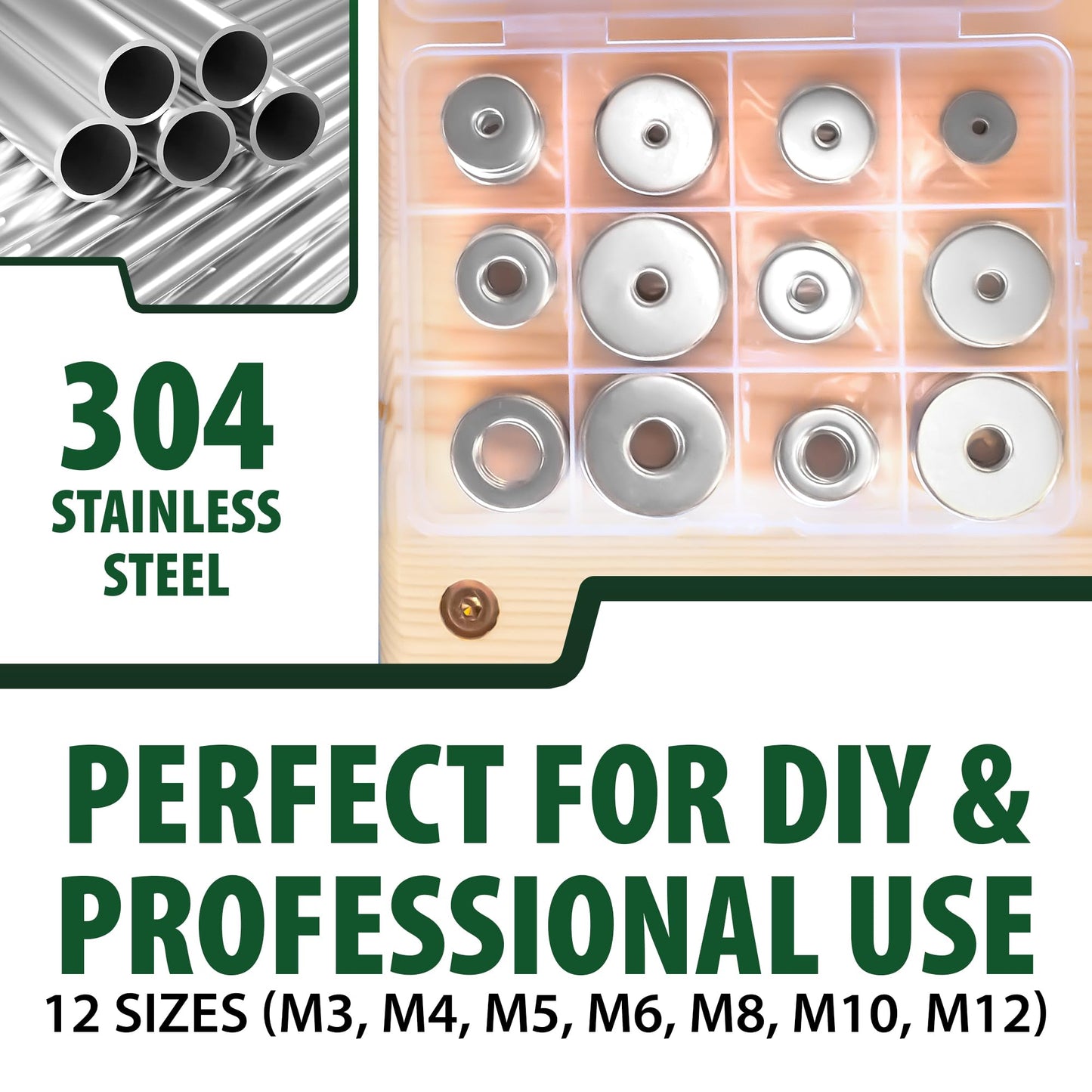 Fender Washers for Screws (100 Pcs) — 304 Stainless Steel Flat Washers Assortment Kit in Different Sizes (M3 M4 M5 M6 M8 M10 M12)—for Home & Industrial Usage