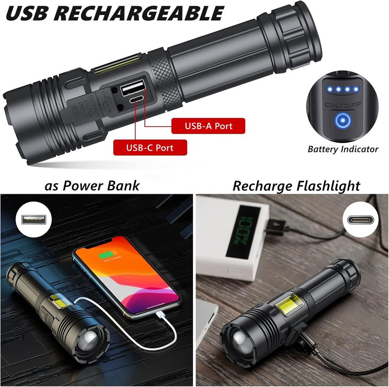 Rechargeable Flashlights High Lumens, 5000mAh Super Bright Flash Light, 7 Mode with Side Work Light, Red Light Tactical Flashlight, High Powered Linternas LED Flash Light for Home Camping Emergency