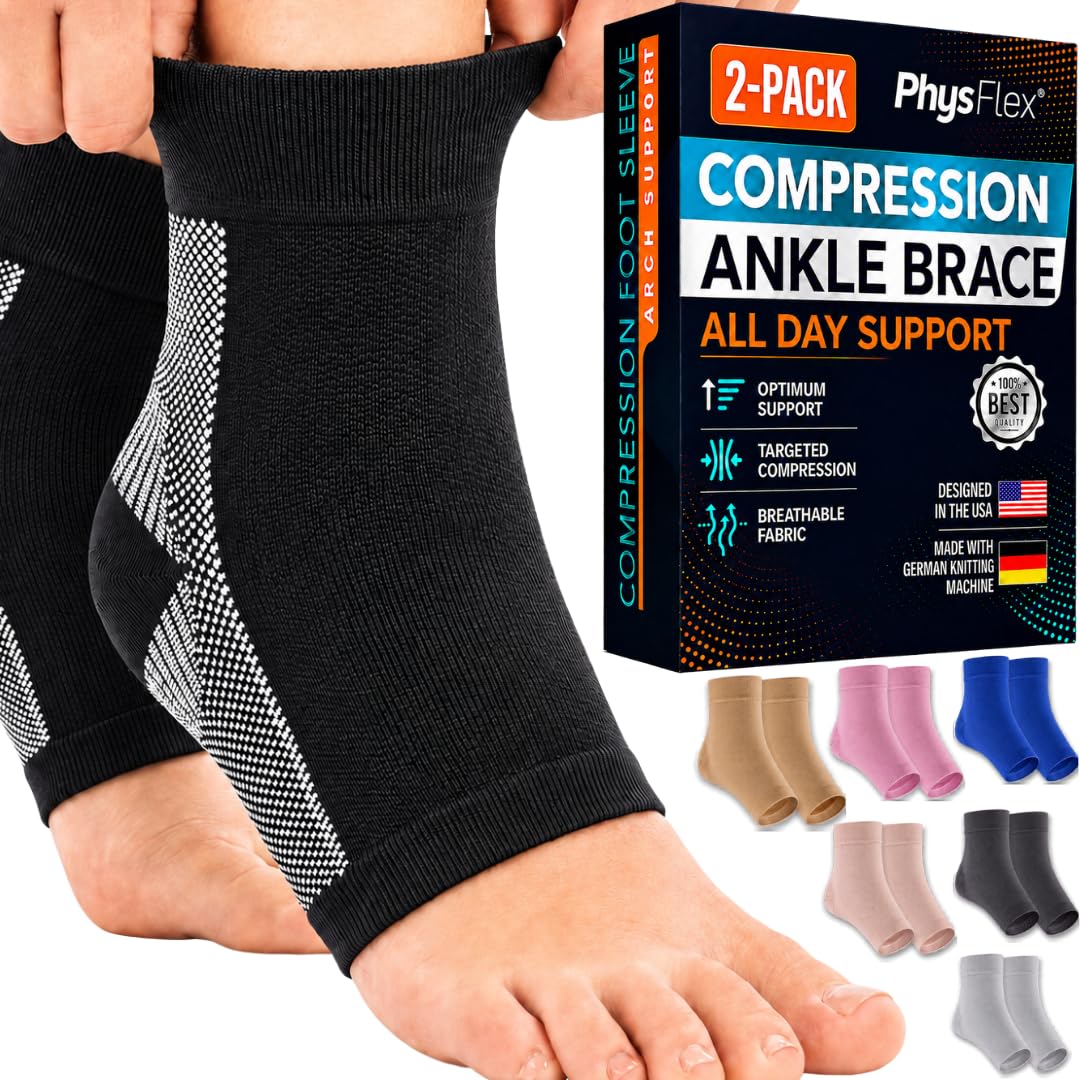 PhysFlex Ankle Brace Support - Ankle Compression Socks - Foot Brace for Women & Men - Tendonitis & Arthritis Ankle Brace Sports Running, Plantar Fasciitis Relief & Stabilizing Ankle Wrap