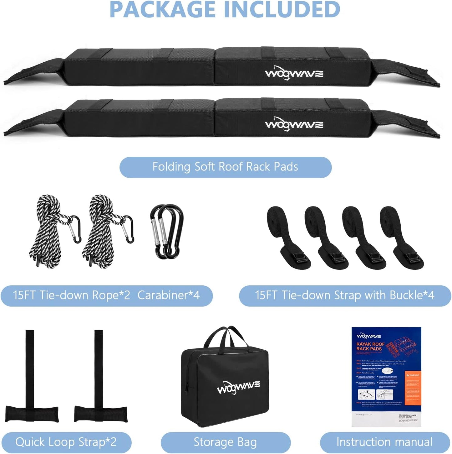 WOOWAVE Folding Kayak Carrier - Soft Roof Rack Pads with 4 Tie Down Straps & Storage Bag | Universal Fit for Canoe, Surfboard, SUP