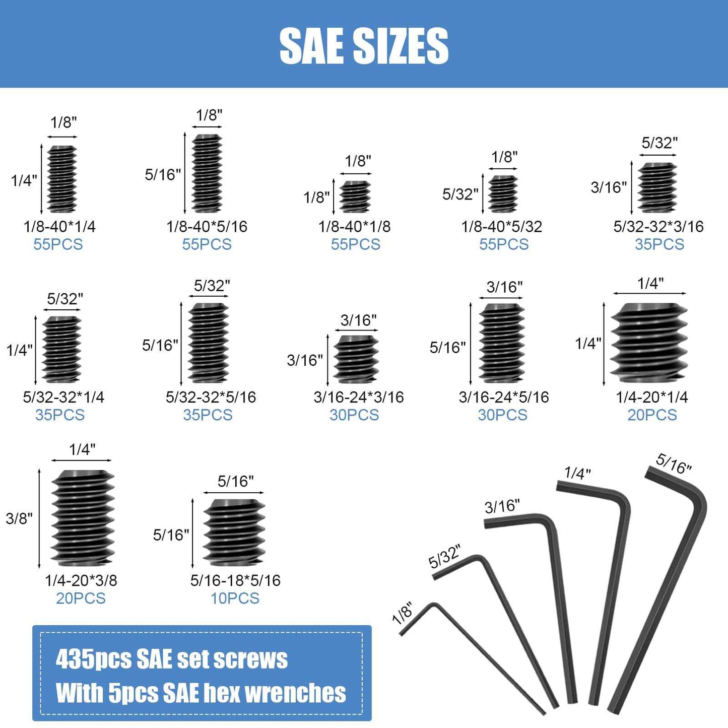 1145PCS 25 Sizes Metric & SAE Set Screw Assortment Kit,12.9 Class Alloy Steel Internal Hex Drive Cup-Point Set Screws Assortment Kit with 10 Hex Wrenches, M3 to M8 and 1/8-40 to 5/16-18