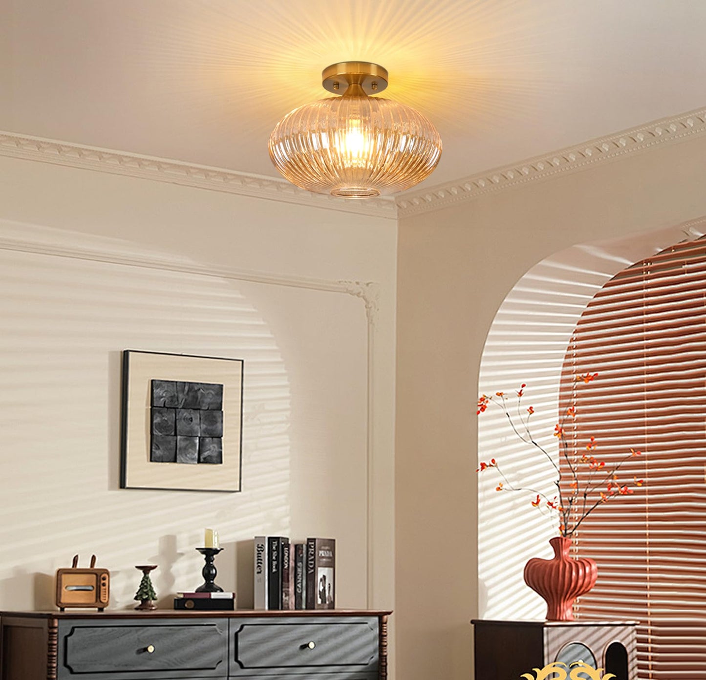 JERANDO Gold Semi Flush Mount Ceiling Lights, Vintage Globe Glass Hallway Light Fixtures, 11.8" Amber Glass Ceiling Lighting E26 Base Indoor Lamp for Closet, Hallway, Kitchen, Dining Room