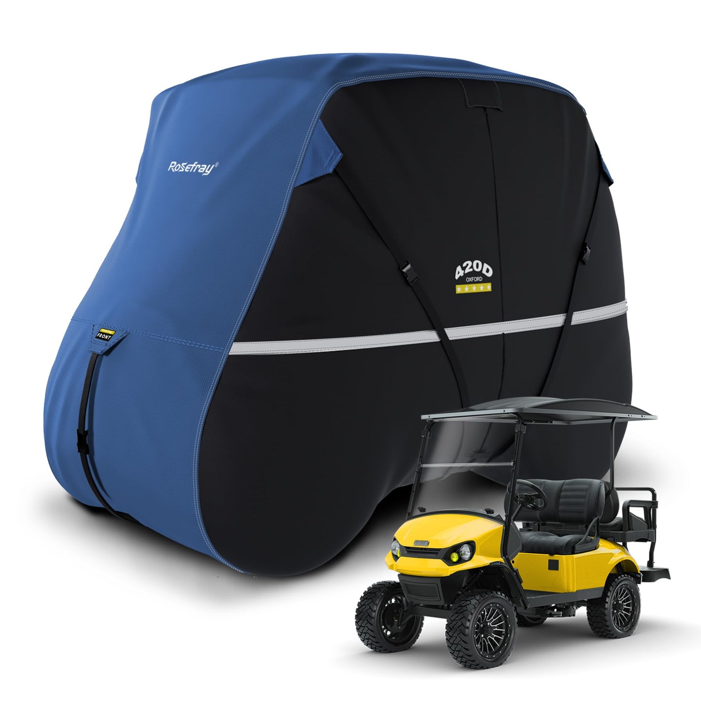 Rosefray Golf Cart Cover 420D Waterproof Innovative 360° Windproof Design, Fits for Club Car, EZgo, Yamaha, and More 2+2/4 Passenger Golf Cart - Black/Blue