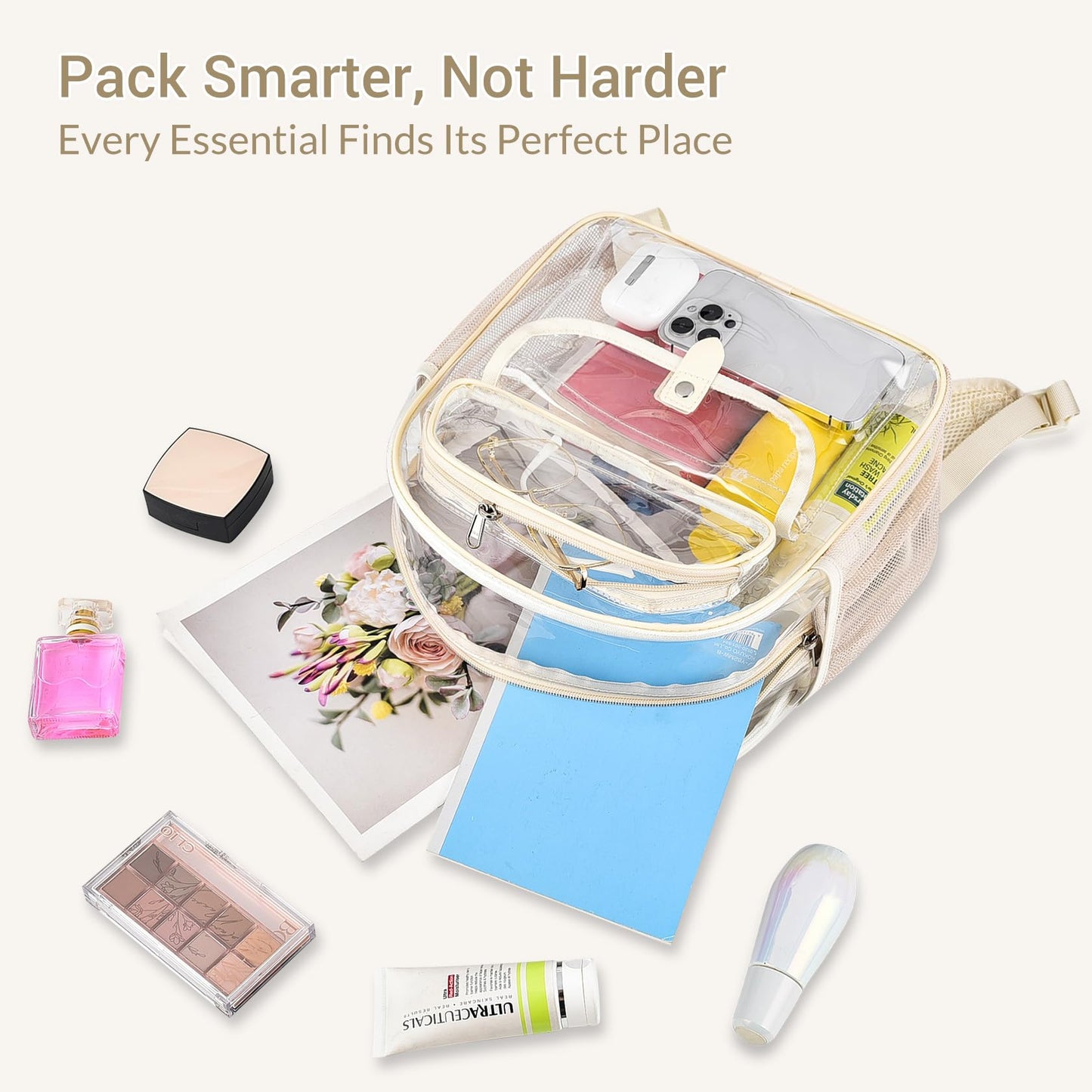 SPODEARS Sports Fan Small Clear Backpack for Stadium, Concert, Festival & More - Multi-Pocket Design, Reinforced & Wider Shoulder Straps, Beige