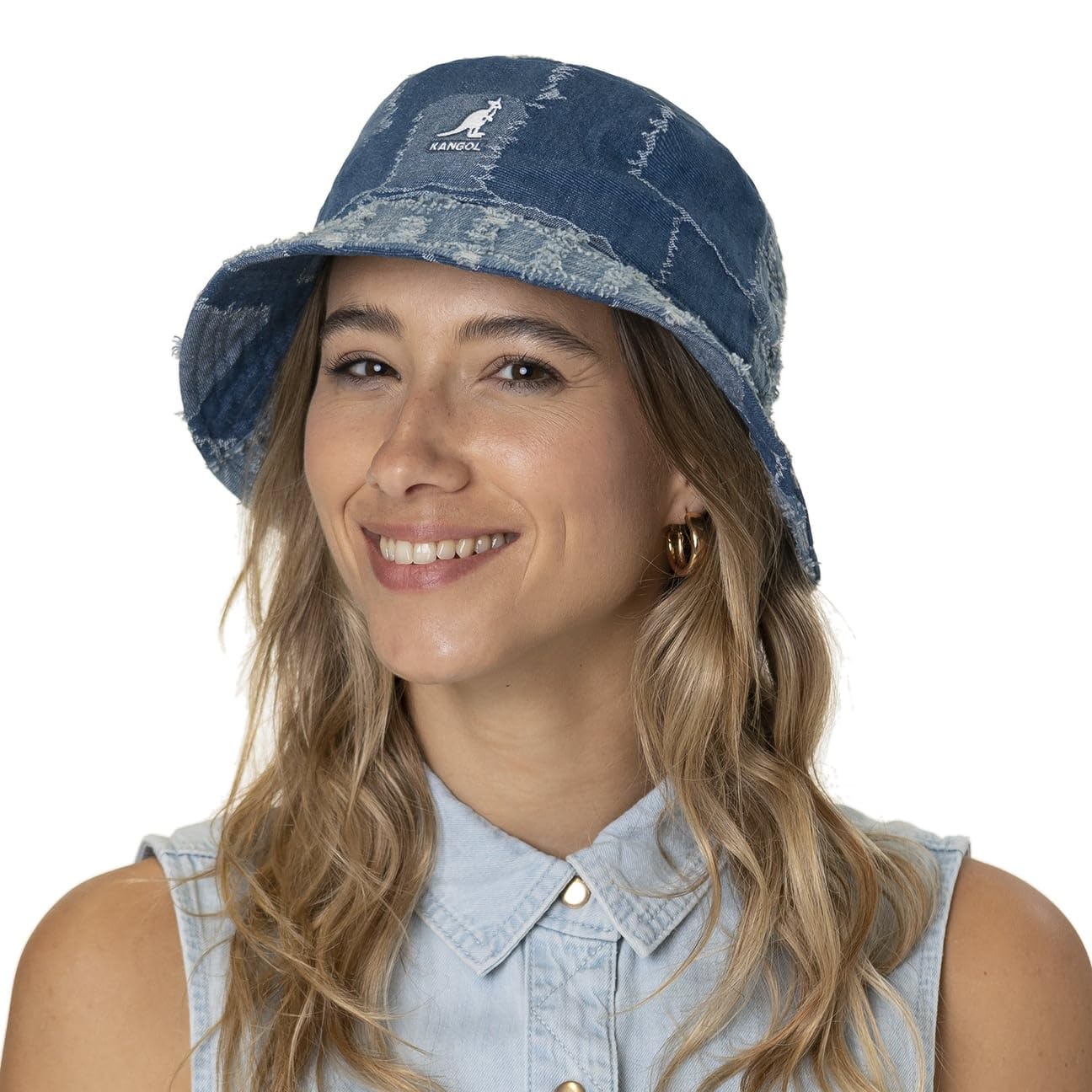 Kangol Denim Mash-Up Bucket Hat for Women and Men, X-Large, Med Blue