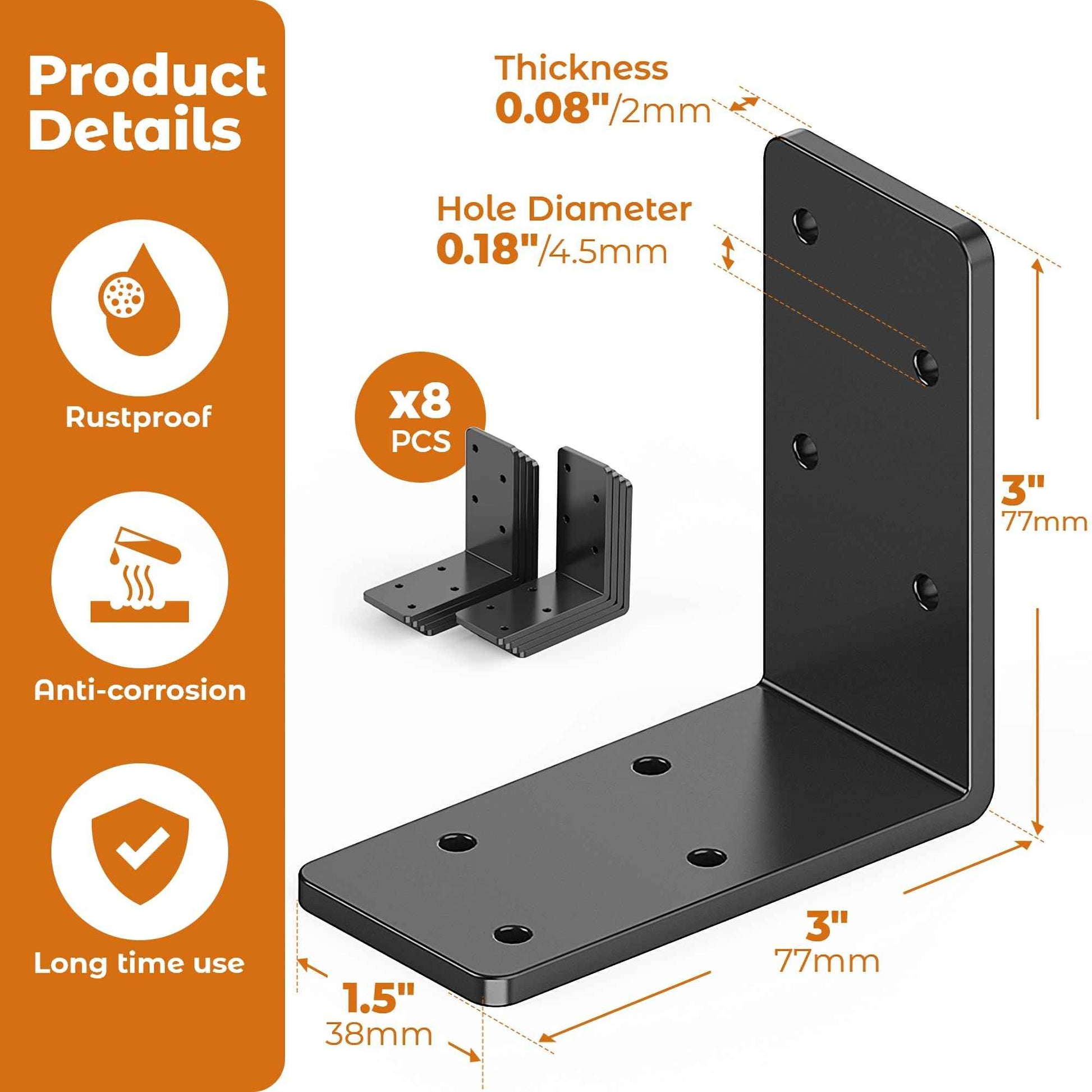 Wuno Shop 8 Pcs 3"x3" L Brackets Heavy Duty, Galvanized Corner Brace for Wood, Angle Iron with Recessed Holes, 90 Degree Angle Bracket for Floating Shelves, Wood Beams, Furniture, Bed -Black