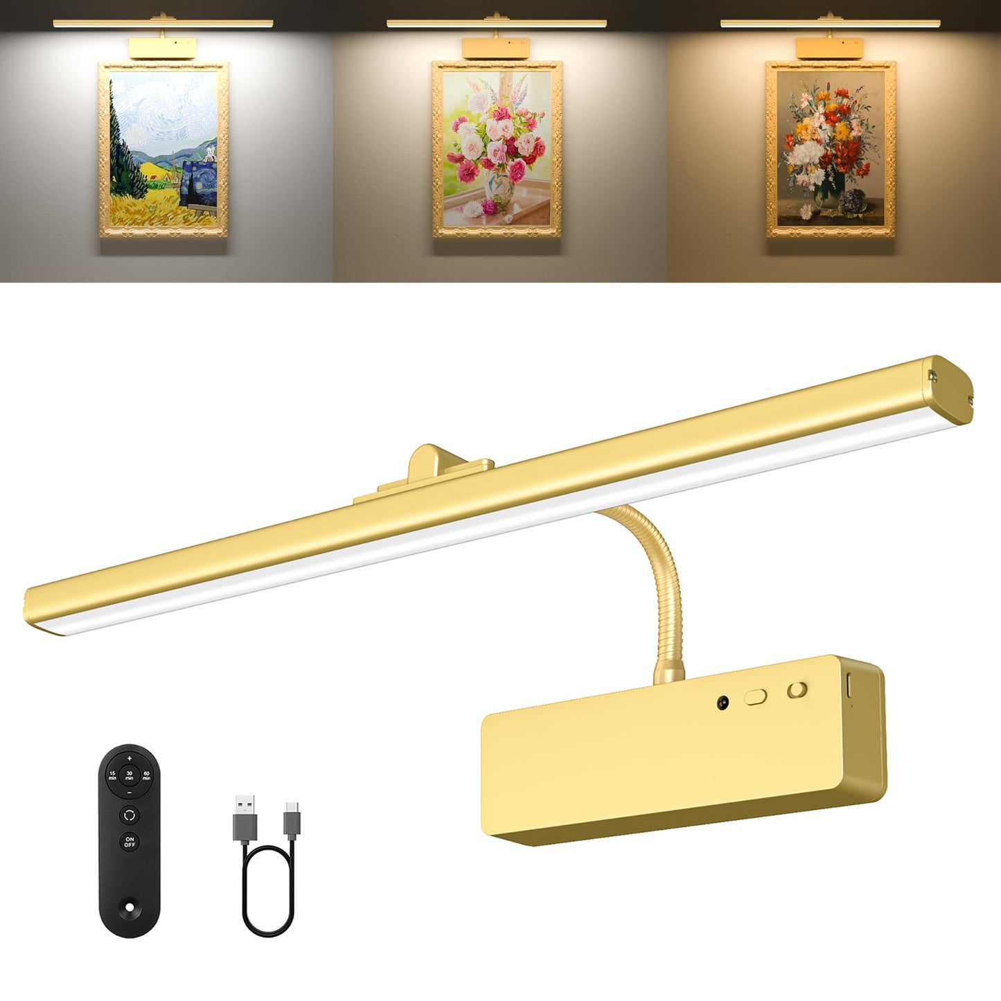 Picture Light, 15.35inch Wireless Picture Lights for Wall Rechargeable, 5400mAh Battery Wall Light with Remote, 3 Color Art Lighting for Paintings with Timer and Dimmable for Display, Gallery (Gold)