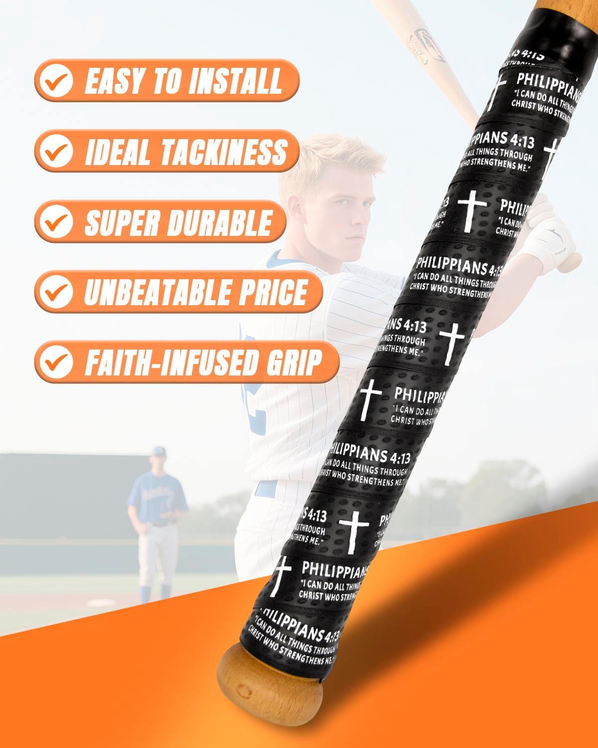 Piemow Baseball Bat Grip Tape - Faith Cross Design | 1.5mm Precut, Non-Slip Adhesive for Sports