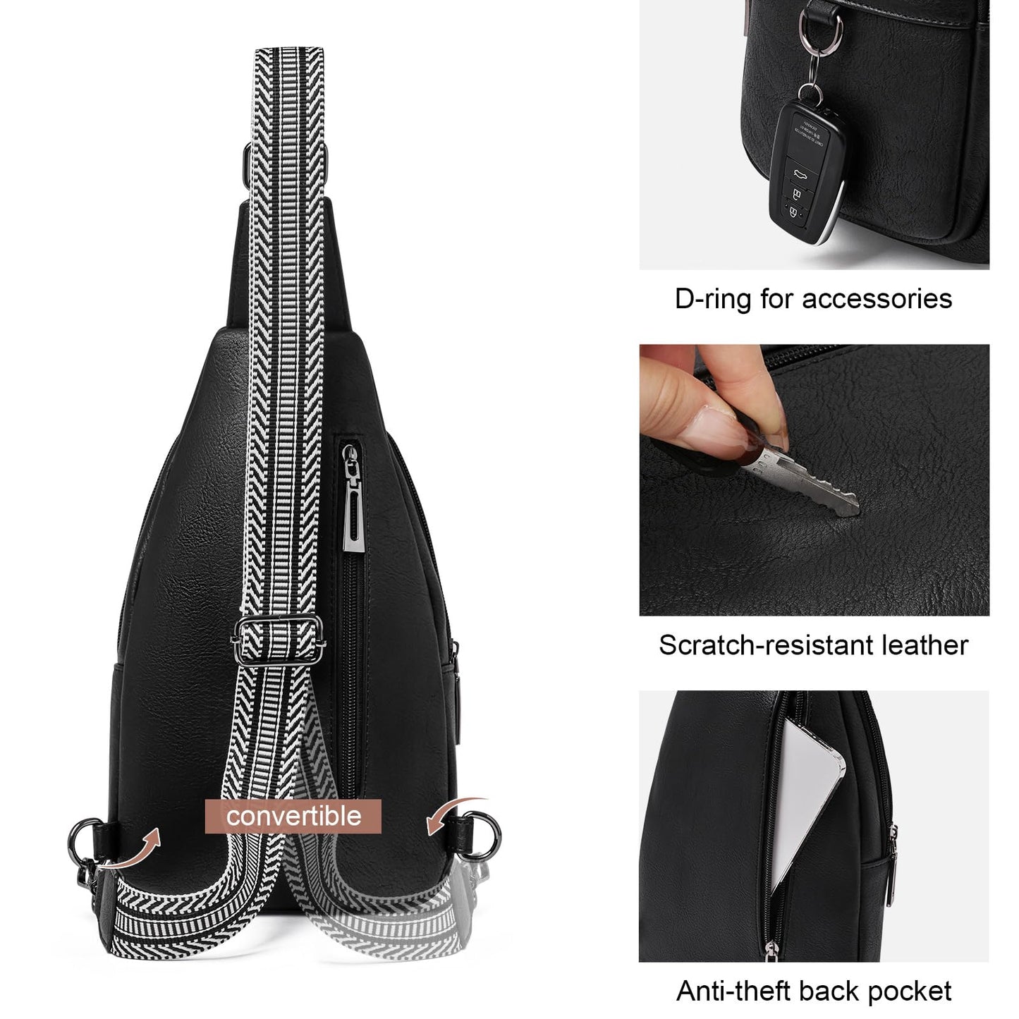cakang Crossbody Bags for Women Leather Sling Bag Crossbody Purse Travel Chest Bag Trendy with Anti Theft Back Pocket Black
