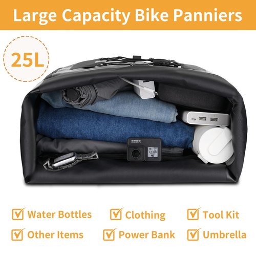 Leopauto Bike Pannier Bag, Double 25L Max Waterproof Bike Rear Rack Bag Large Capacity Bike Rear Panniers with Elastic Cord for Cycling Touring Commuting