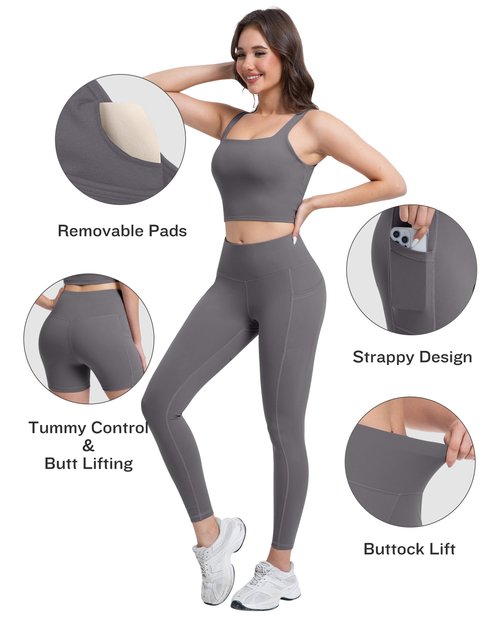 SALSPOR 3 Piece Workout Sets for Women High Waisted Leggings with Pockets Tummy Control Biker Shorts Yoga Sports Bra(3YFTZ-Gray-M)