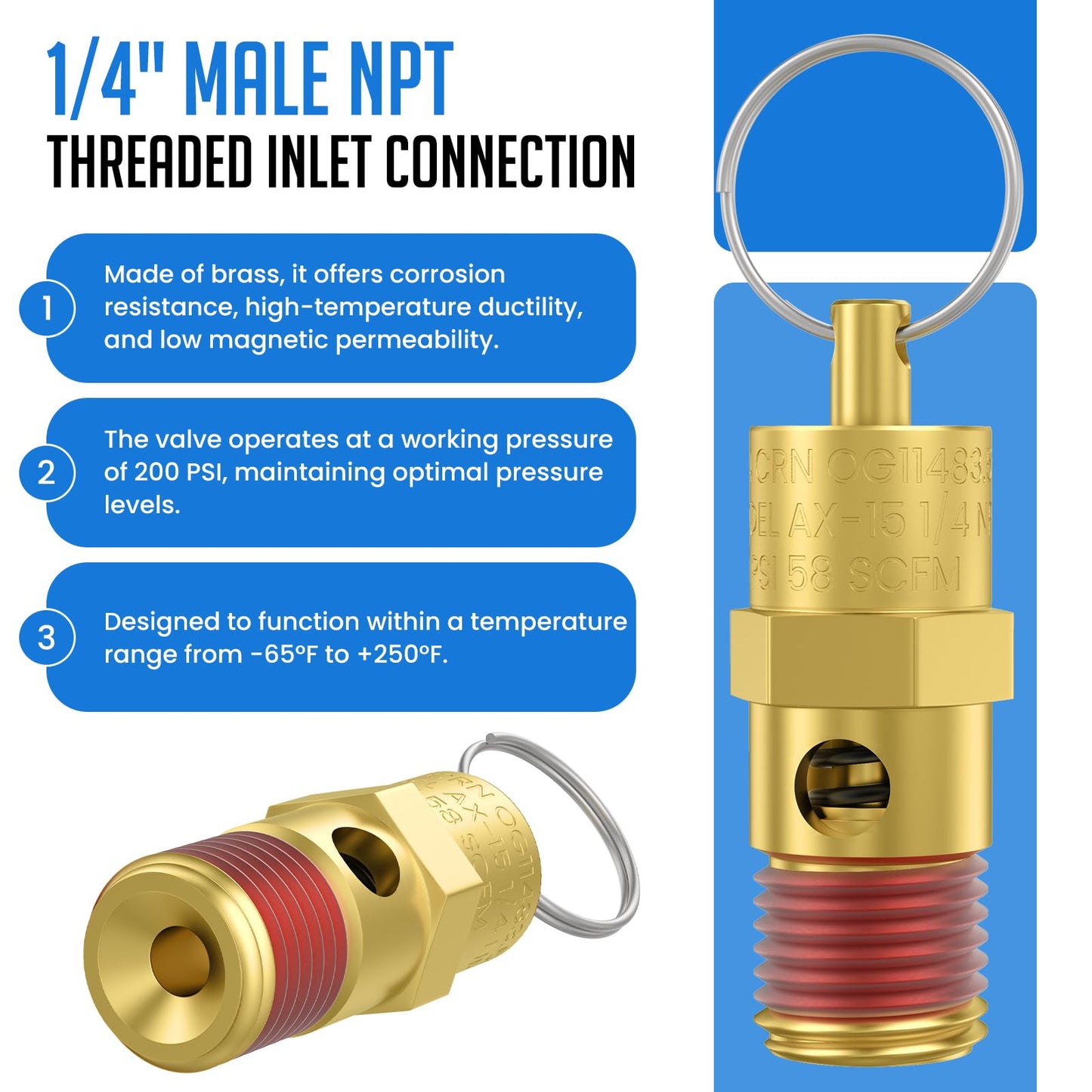 HONSNKS 2 Pcs 1/4" NPT(M) 200 PSI Air Compressor Pressure Relief Valve, Brass Safety Valve for Air Compressor (Tank Pop Off)