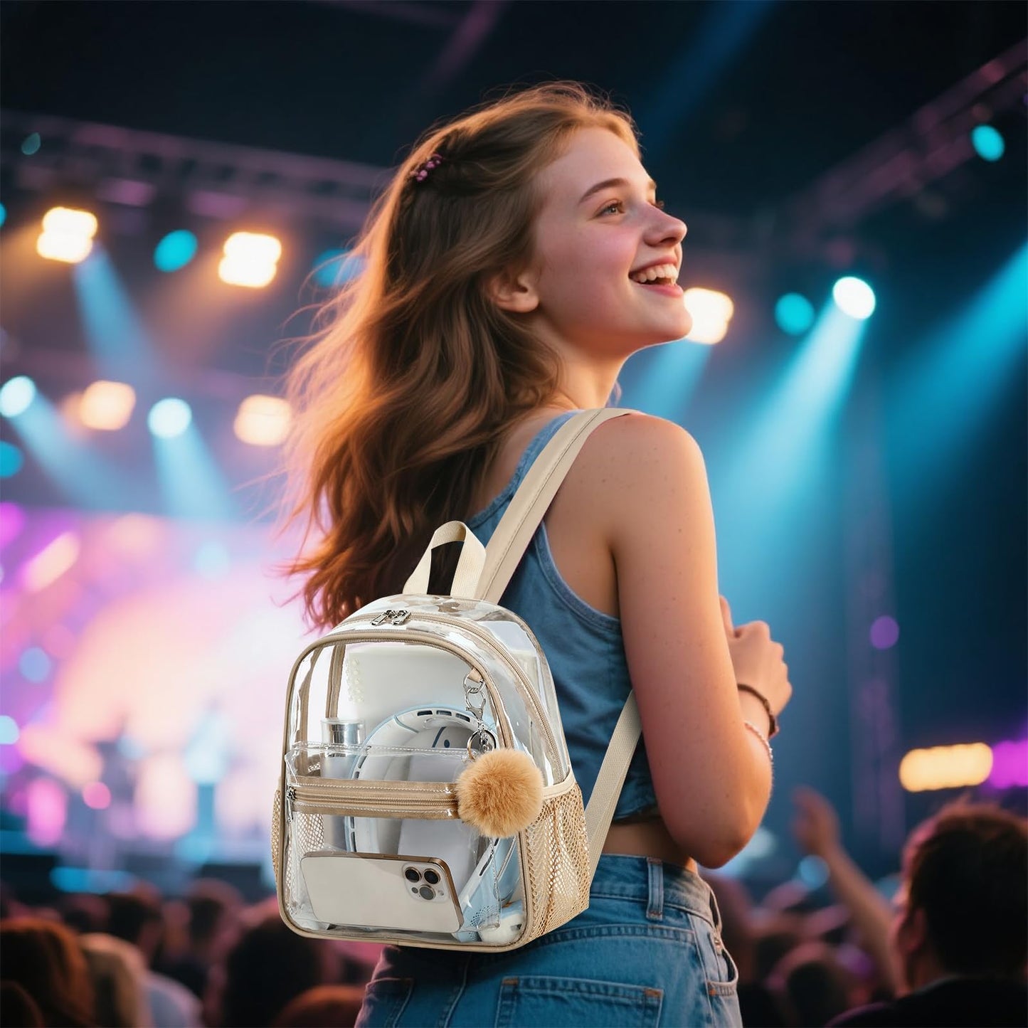 BTOOP Mini Clear Backpack for Stadium Events, 12 x 9 x 5 Inch Transparent PVC Bookbag, Fits Within Common 12x12x6 Stadium Bag Limits, for Concerts, Festivals, Women and Teens