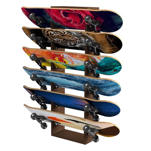 Gtouse Skateboard Rack Wall Mount 6-Tier Wooden Skateboard Storage Rack Holder Skateboard Stand Display Organizer Skateboard Hanger for Longboard, Deck, Standard Skateboards