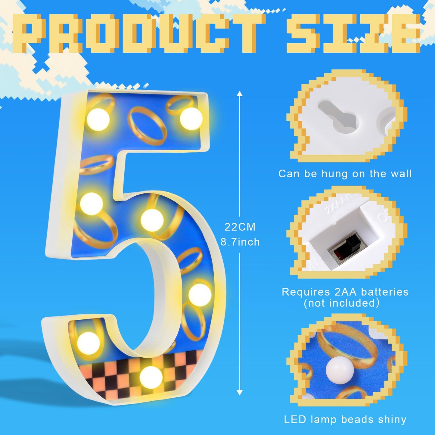 WalkManony LED Numbers Night Light(5)– Light Up Number Sign for Kids Birthday Party,Marquee Numbers with Warm White Glow,Battery Operated Blue & Gold Digits for Sonic Theme,8.66 x 5.91 in