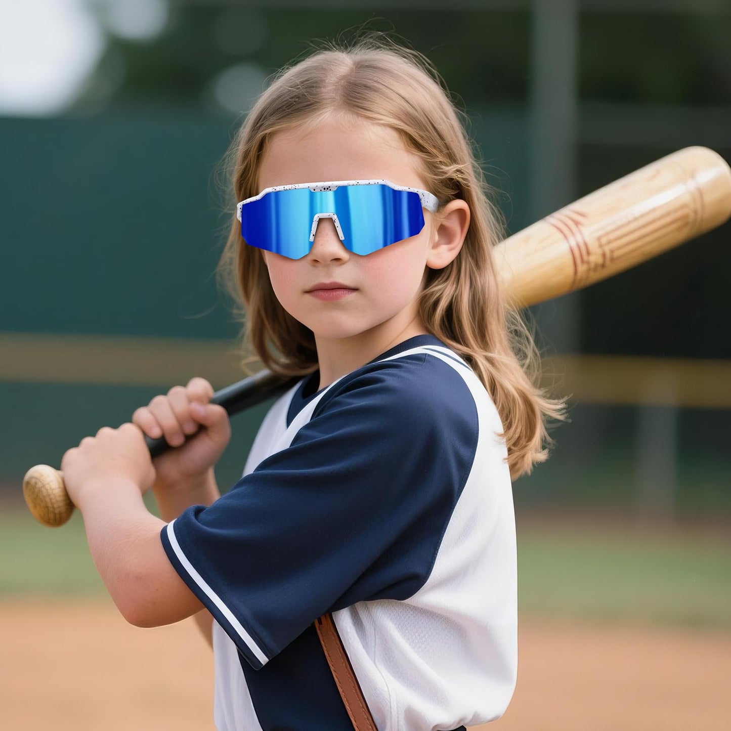 Ofwin Polarized Youth Sports Sunglasses for Boys Girls Kids Baseball Sunglasses Softball Cycling Running Age 5-15 White Frame/Ice Blue Mirror Lens