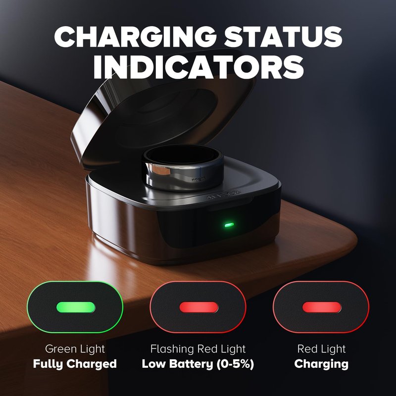 Wireless Charging Case Compatible with Ou-ra Ring Gen 4 Charger, 600mAh Portable Travel Ring Charger Fast Charging Dock with USB-C Cable (Size 8-Black)