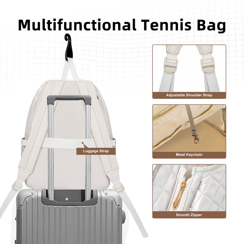 BEEYEO Tennis Bag, Professional Quilted Tennis Backpack Tennis Racket Bags for Women Men for Pickleball Tennis Badminton (White)