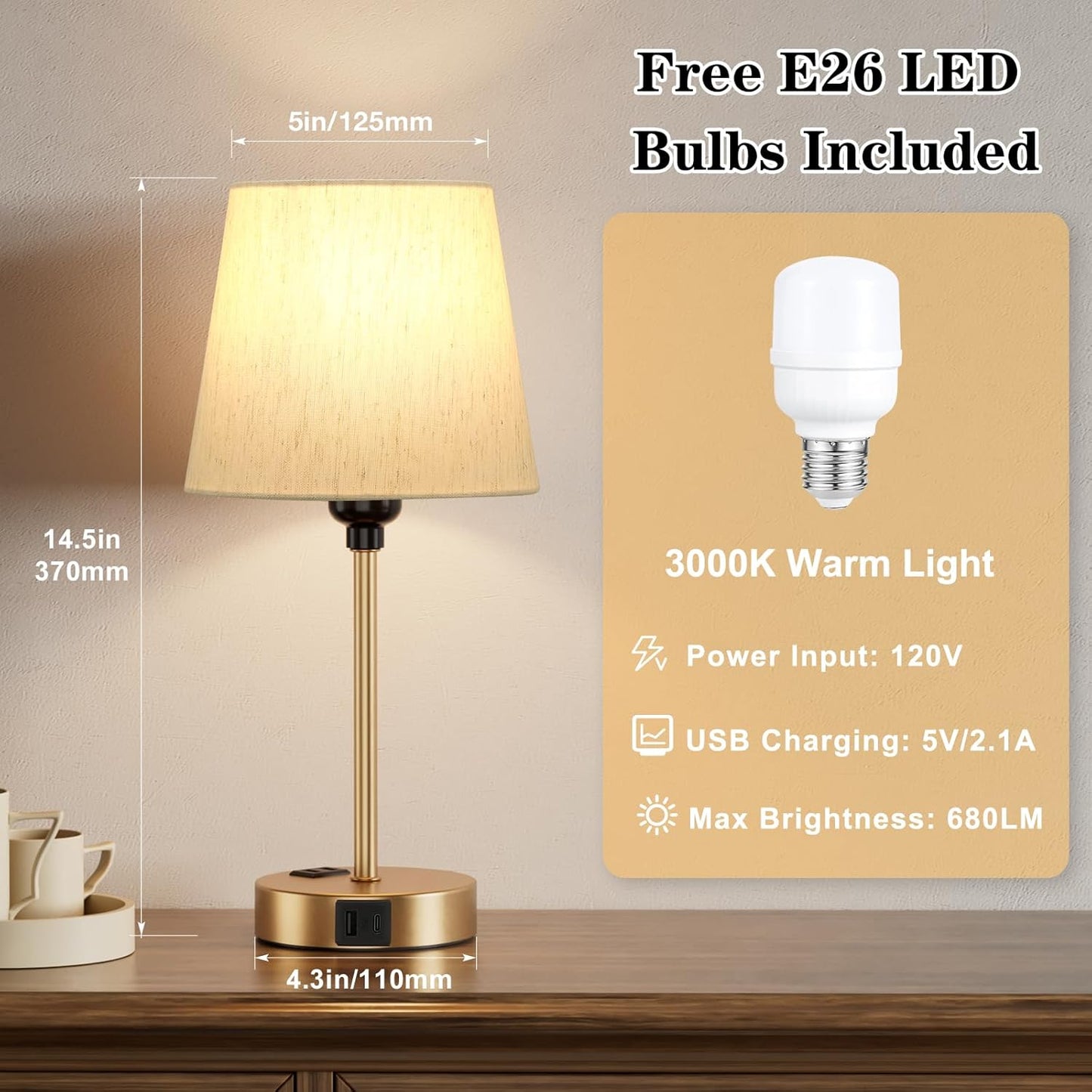 Set of 2 Mini Bedside Lamps with USB-C & AC Outlet - Dimmable Touch Nightstand Lights for Bedrooms