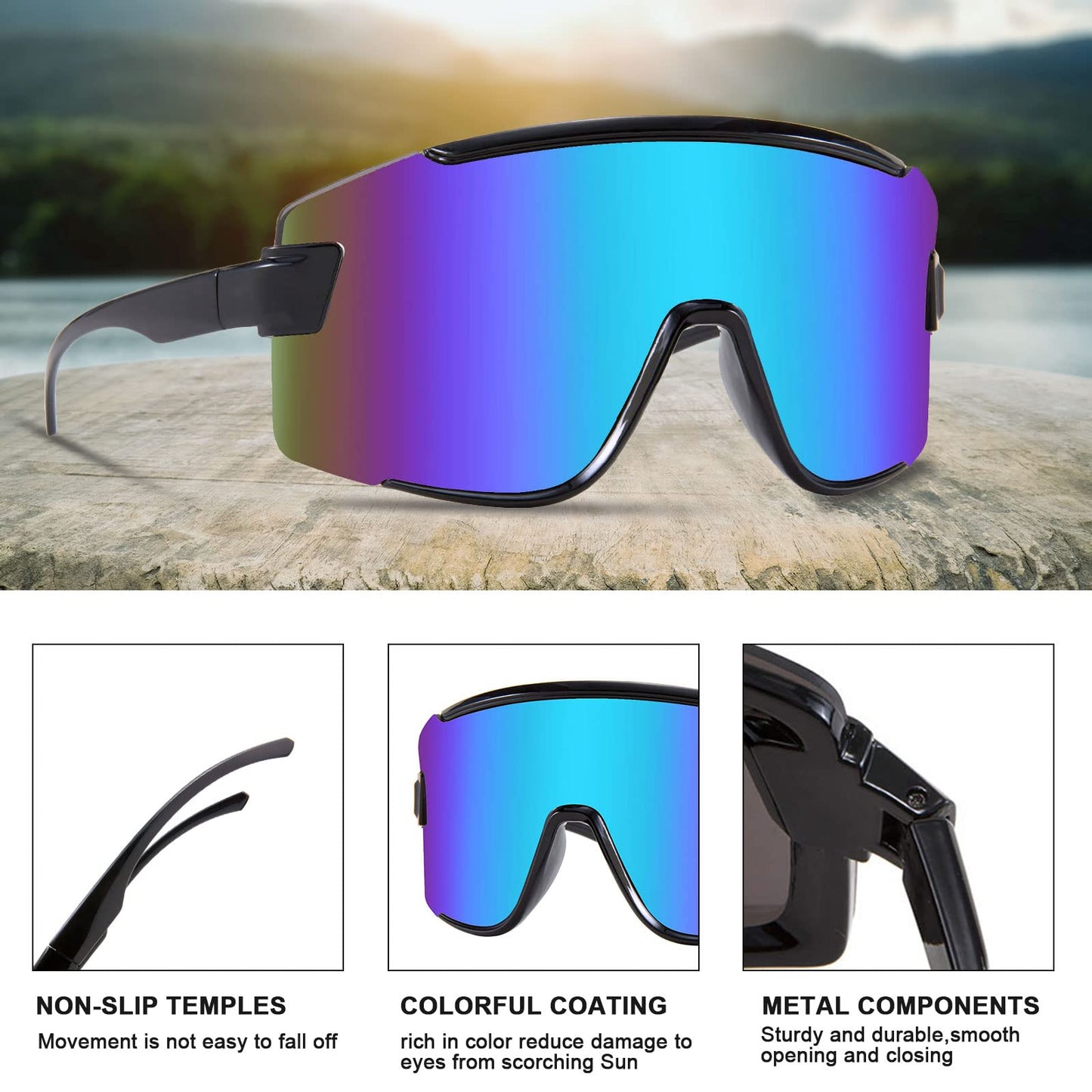 Karsaer Vision 3 Pcs Big Shield Wraparound Sunglasses Rave for Men Women Neon Sun Visor Glasses Cycling Ski Shades 80s 90s