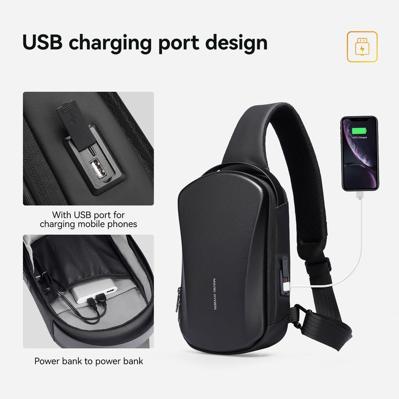 MS Mark Ryden Hard Shell Sling Backpack for Men, Water Resistant Crossbody Backpack with USB Charging Port, Chest Bag for Travel, Gym