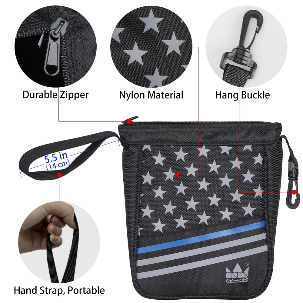 Craftsman Golf Star Stripes Black Waterproof Golf Balls Accessory Bag w/Hook and Wristlet Zipper Closure