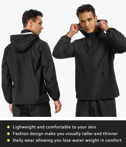 Junlan Sauna Jacket for Men Sweat Jacket Zipper Hoodie Sauna Suit for Workout (Black, Large)