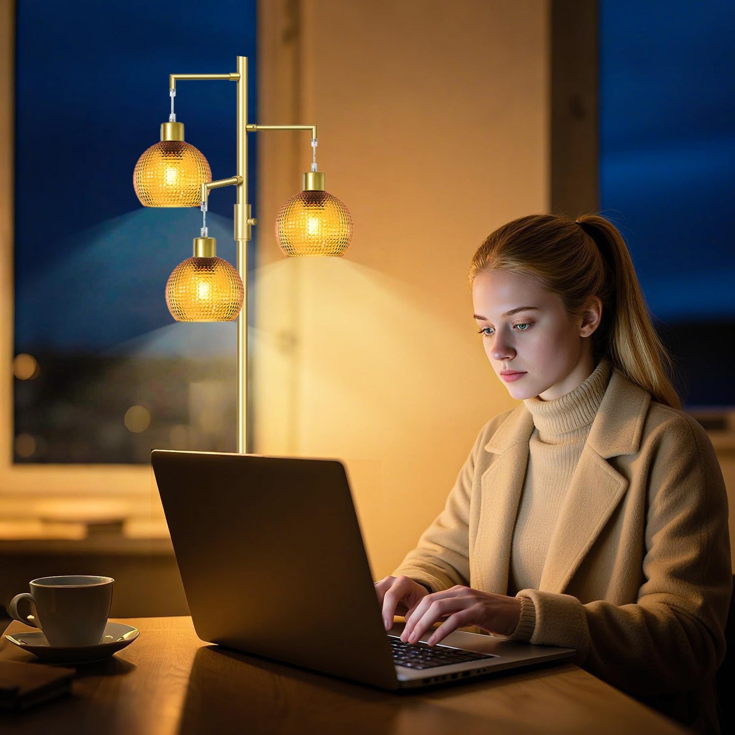 Duoled Gold Floor Lamp with Orange Glass Shade, Modern Standing Tree Lamps for Living Room, Dimmable 3 Lights Tall Lamp, 3 x 600LM LED Edison Bulbs Included