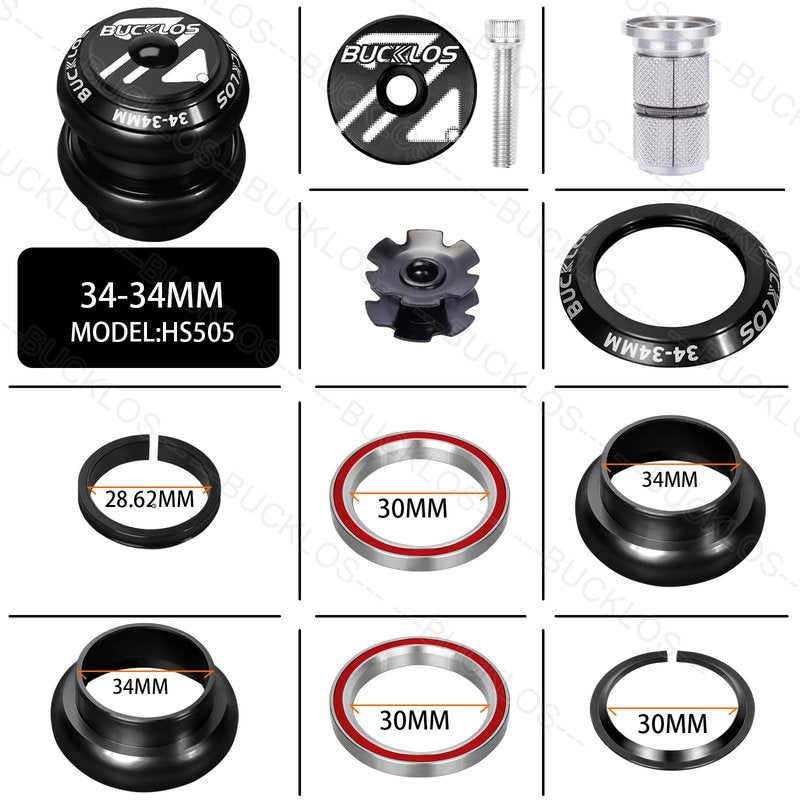 BUCKLOS 1-1/8 Bike Headset MTB Threadless 34 44 44-50.6 44-55 44-56 41.8-52mm, Straight Tapered Tube Mountain Bikes Road Bicycle Double Sealed Bearings Headsets, for Frame Fork Expander Plug Star Nut
