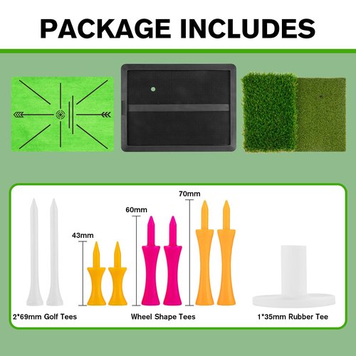 Golf Hitting Mat, Golf Mats Practice Outdoor Indoor for Swing Path Feedback Detection Batting, 16.54'' x 12.6'' Artificial Dual Turf Golf Mat with Tees for Training, Driving, Chipping