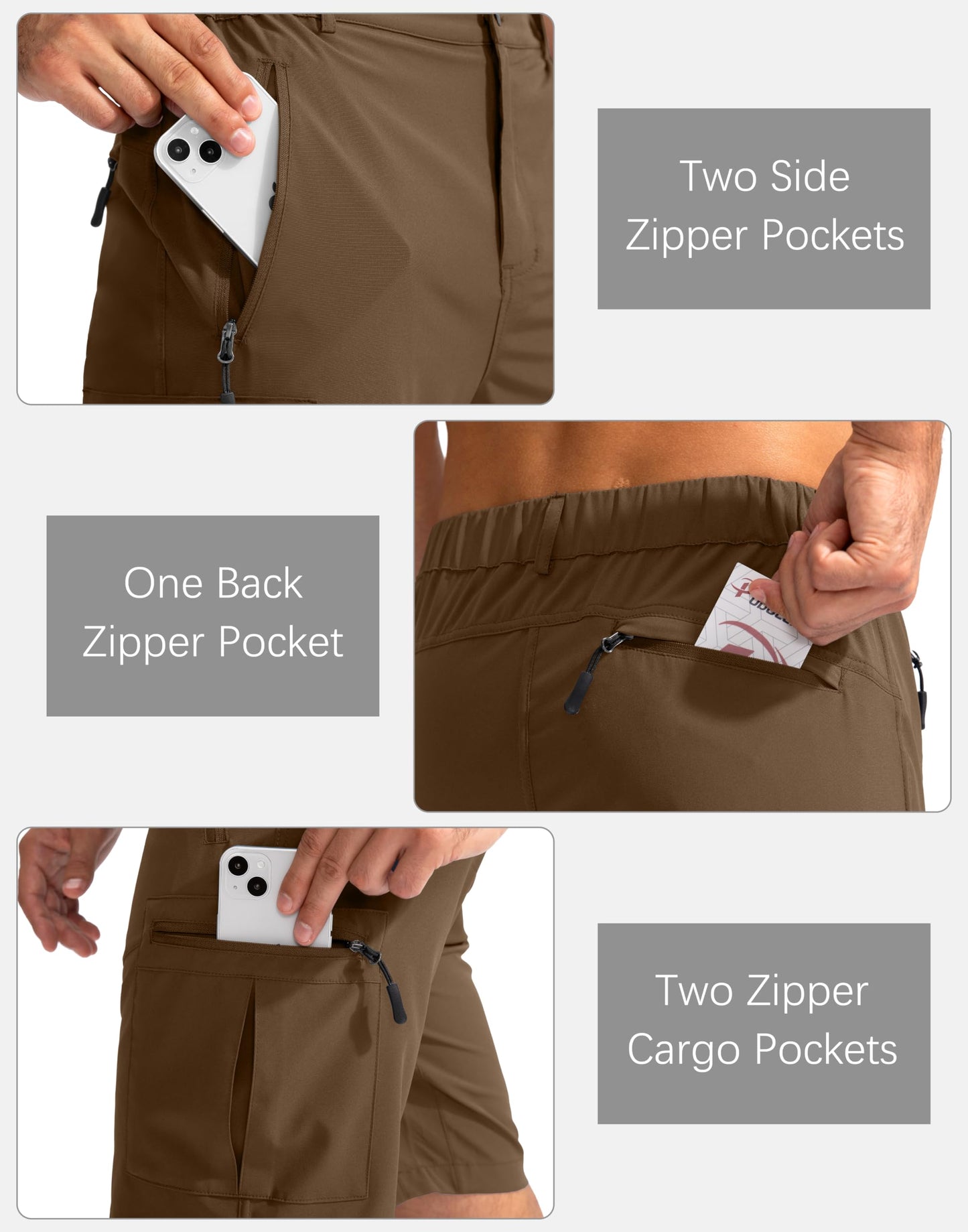 Pudolla Men's Hiking Cargo Shorts 9" Lightweight Outdoor Work Shorts for Men Travel Golf Camping Casual with 5 Zipper Pockets(Brown Medium)