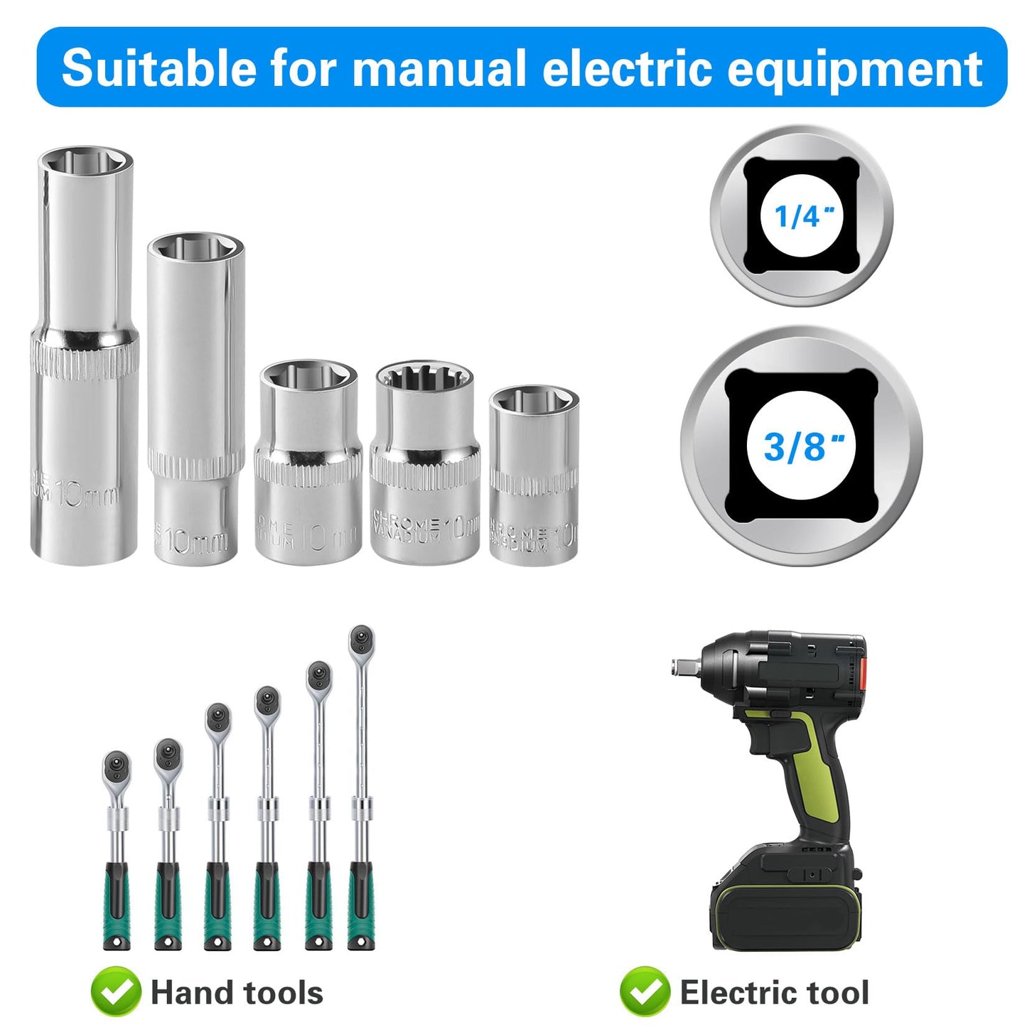 [10-Piece] 10mm Socket Set, 1/4-Inch & 3/8-Inch Drive Impact Socket, 6-Point & 12-Point, Deep and Shallow, Mirror Chrome Finish