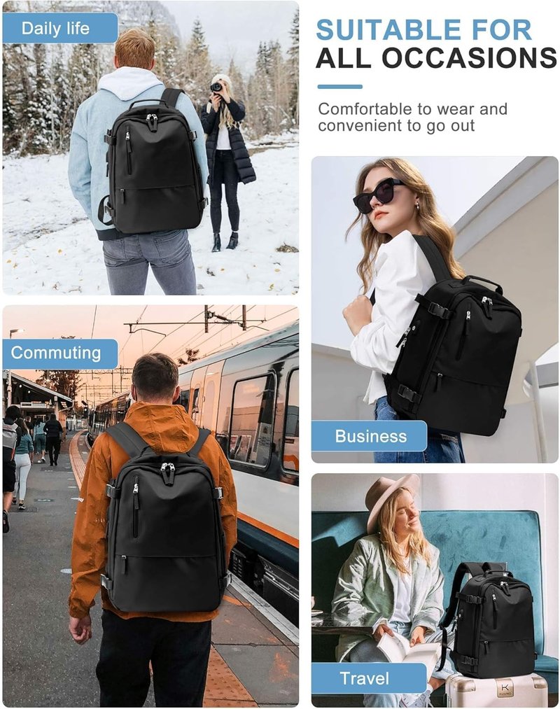 SEAFEW Black Vacuum Travel Backpack with Electric Pump, Carry on Backpack Flight Approved for Women, Casual Daypacks Cabin Bagage, Hiking Backpack Lightweight Rucksack with USB Charger