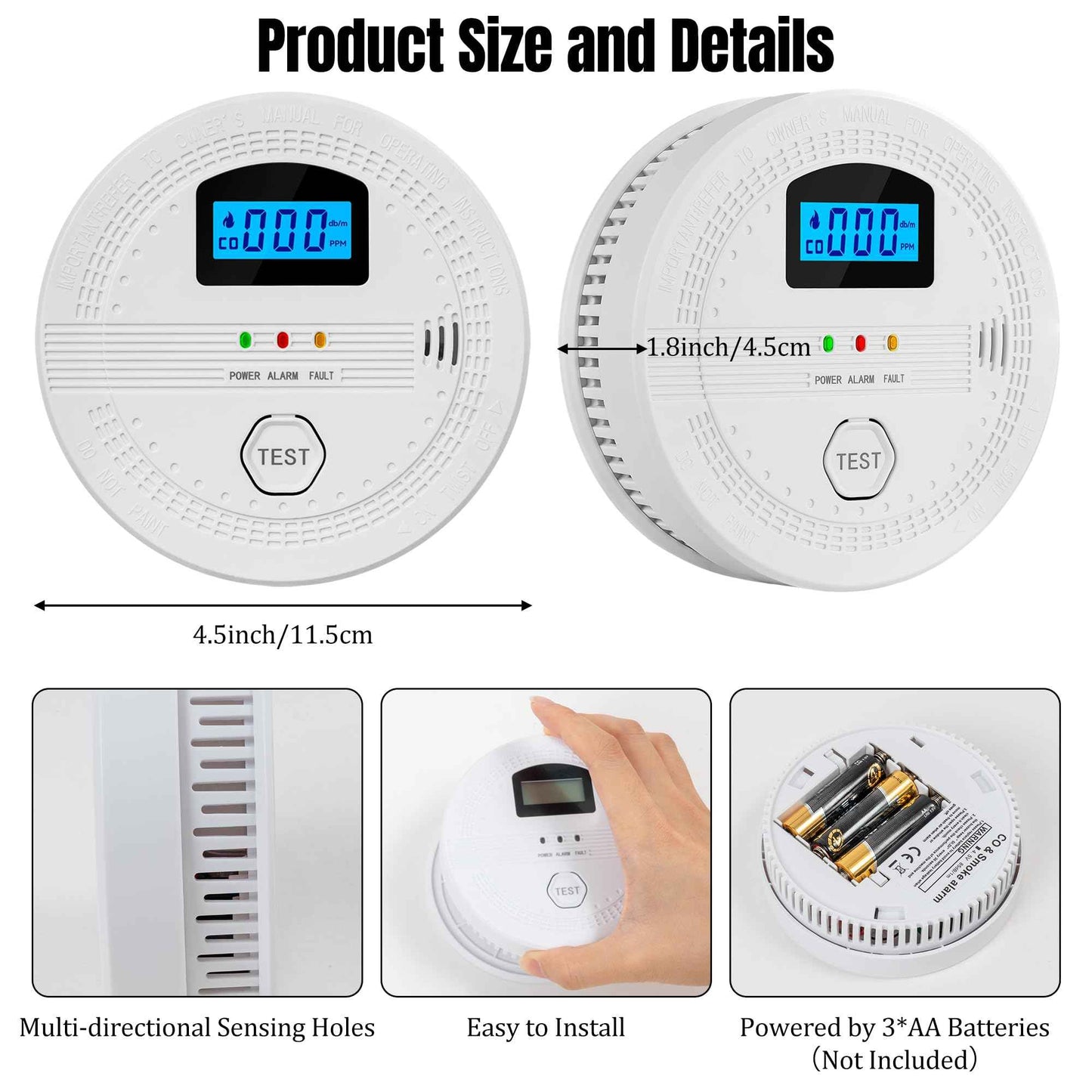 GQIRIL Smoke and Carbon Monoxide Detector - Battery Powered Monoxide Alarm with Dual Sensor and Digital Display, Portable Fire and CO Warning Light Indicators for Kitchen Home Garage (No Battery)