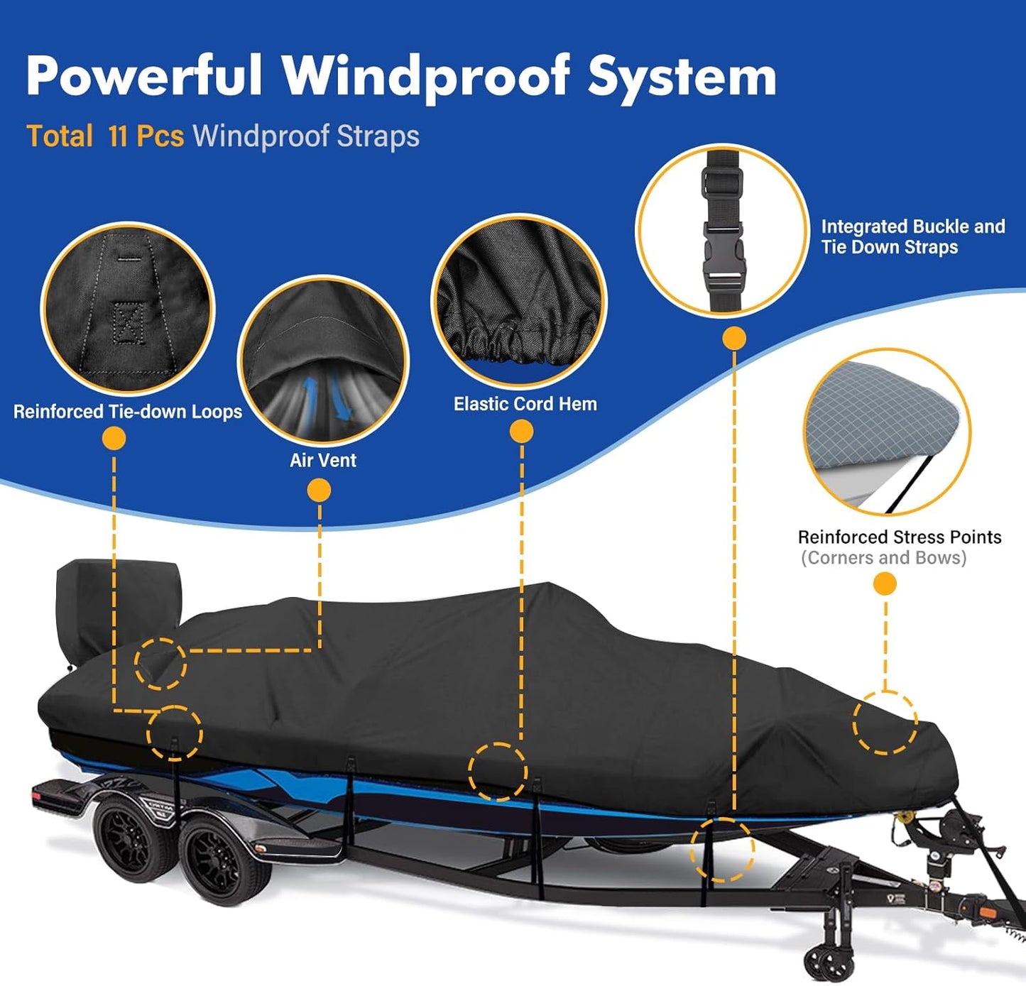 1200D Waterproof Boat Cover - Heavy Duty Protection for 14' to 16' Bass, V-Hull & Tri-Hull Boats - Black