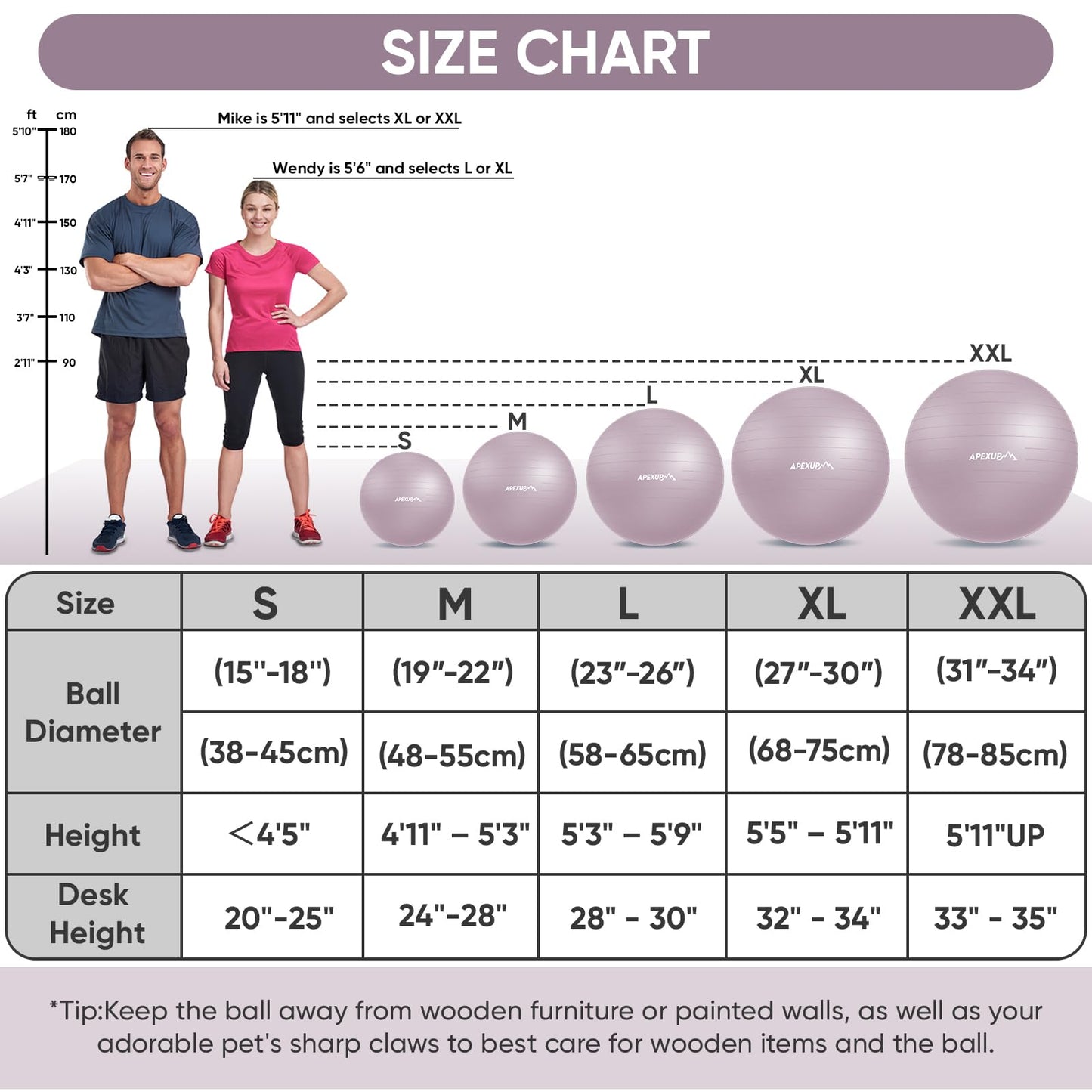 APEXUP Yoga Ball, 660 lbs Anti-Burst Exercise Ball with Pump, 5 Sizes (XXL(31"~34") 85cm, Mauve)