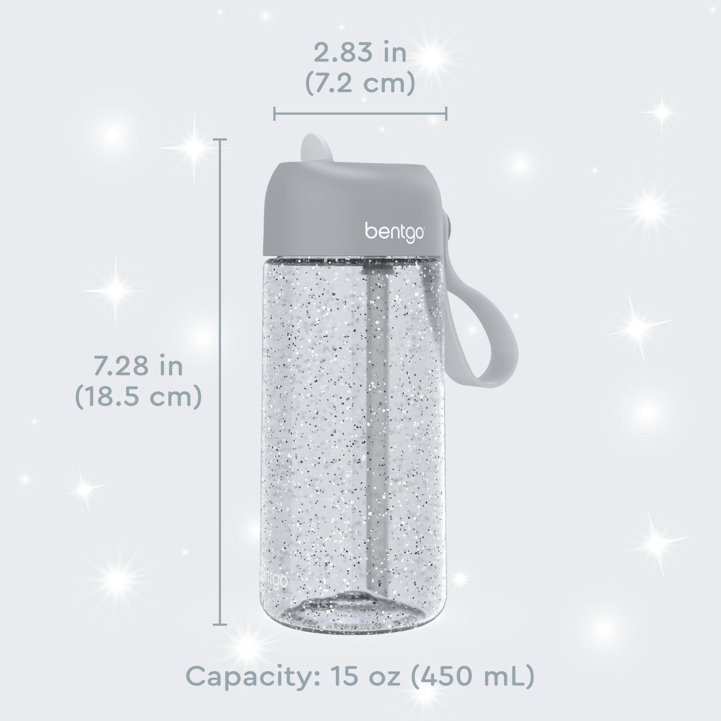 Bentgo Kids Water Bottle - Leak-Proof, Durable Tritan, BPA-Free 15 oz. Cup for Kids/Toddlers Ages 3+, Bite & Sip Spout, Carrying Handle, & Dishwasher Safe for School (Glitter Edition - Silver)