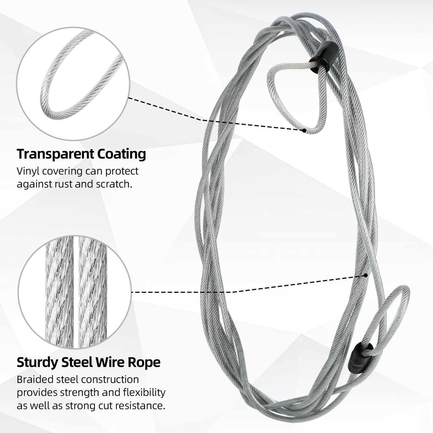 DELSWIN Security Steel Cable with Loops - 3mm (1/8 inch) Thick 15FT Heavy Duty Safety Wire Bike Lock Cable Vinyl Coated Braided Cable for Luggage,Ropes of Metal